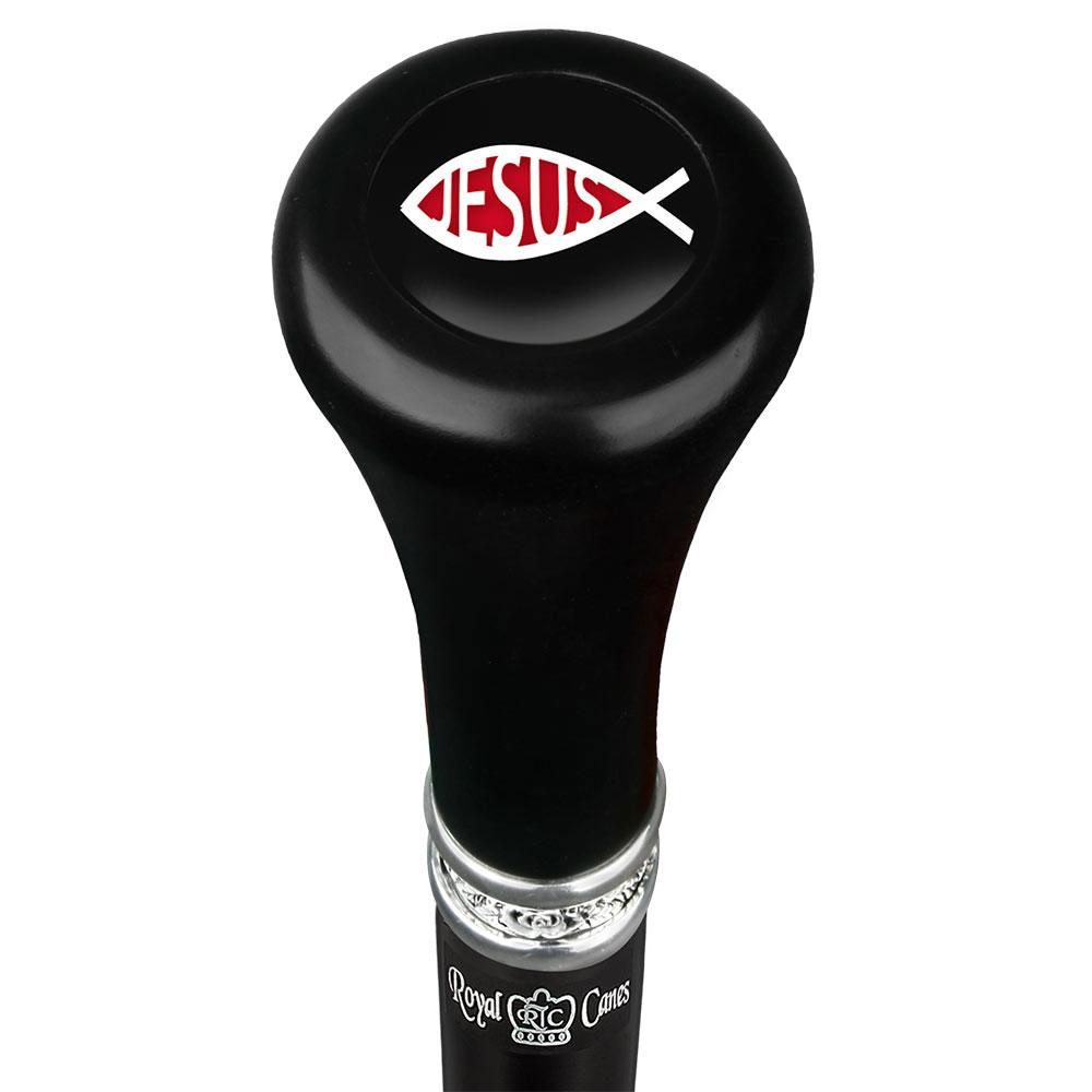 Jesus Fish Symbol Top Walking Stick w/ Black Beechwood Shaft & Pewter Collar Military Walking Canes - Tophatter Daily Deals