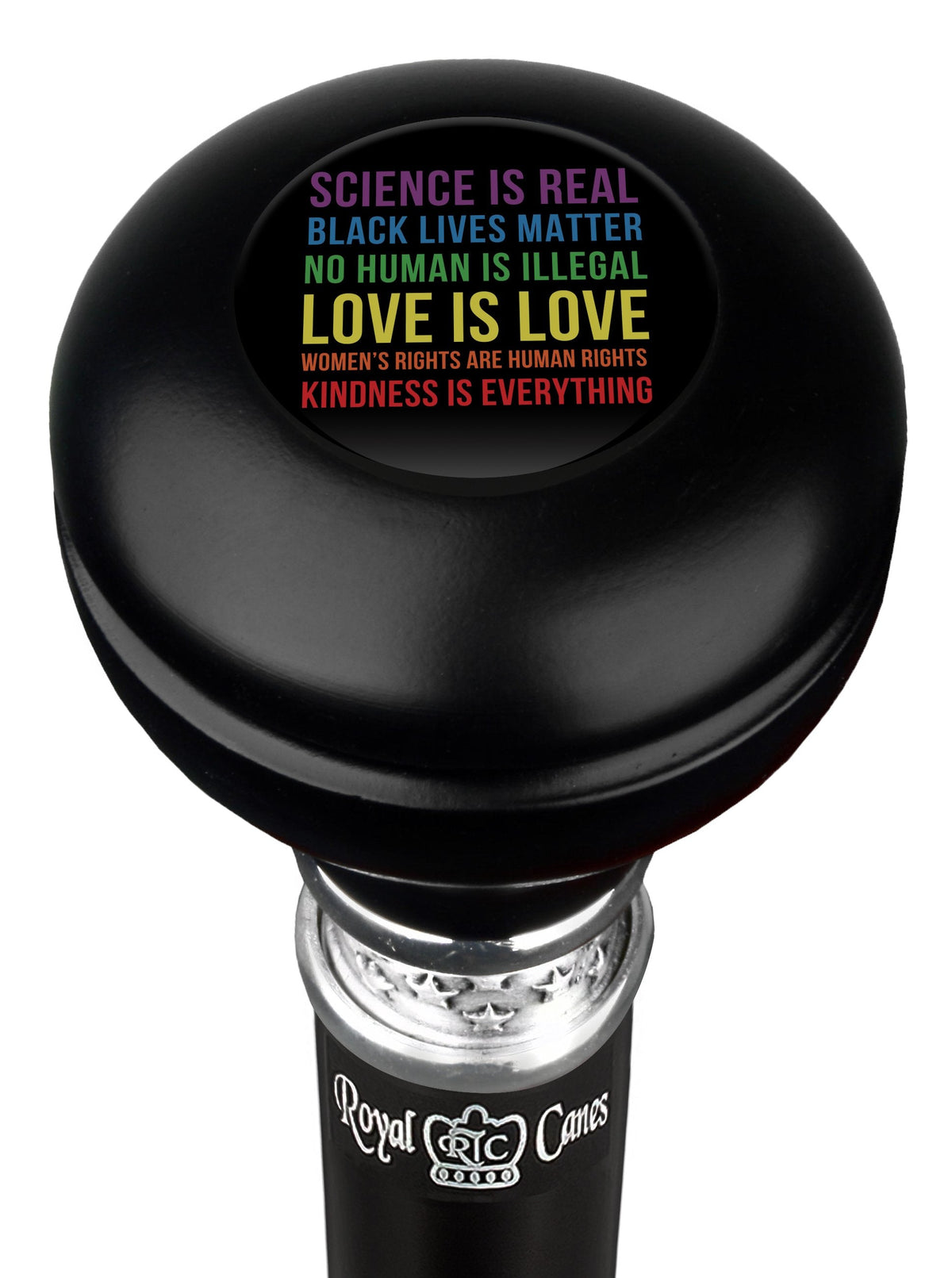 Love is Love Round Knob Walking Stick w/ Black Beechwood Shaft & Pewter Collar Military Walking Canes - Tophatter Daily Deals