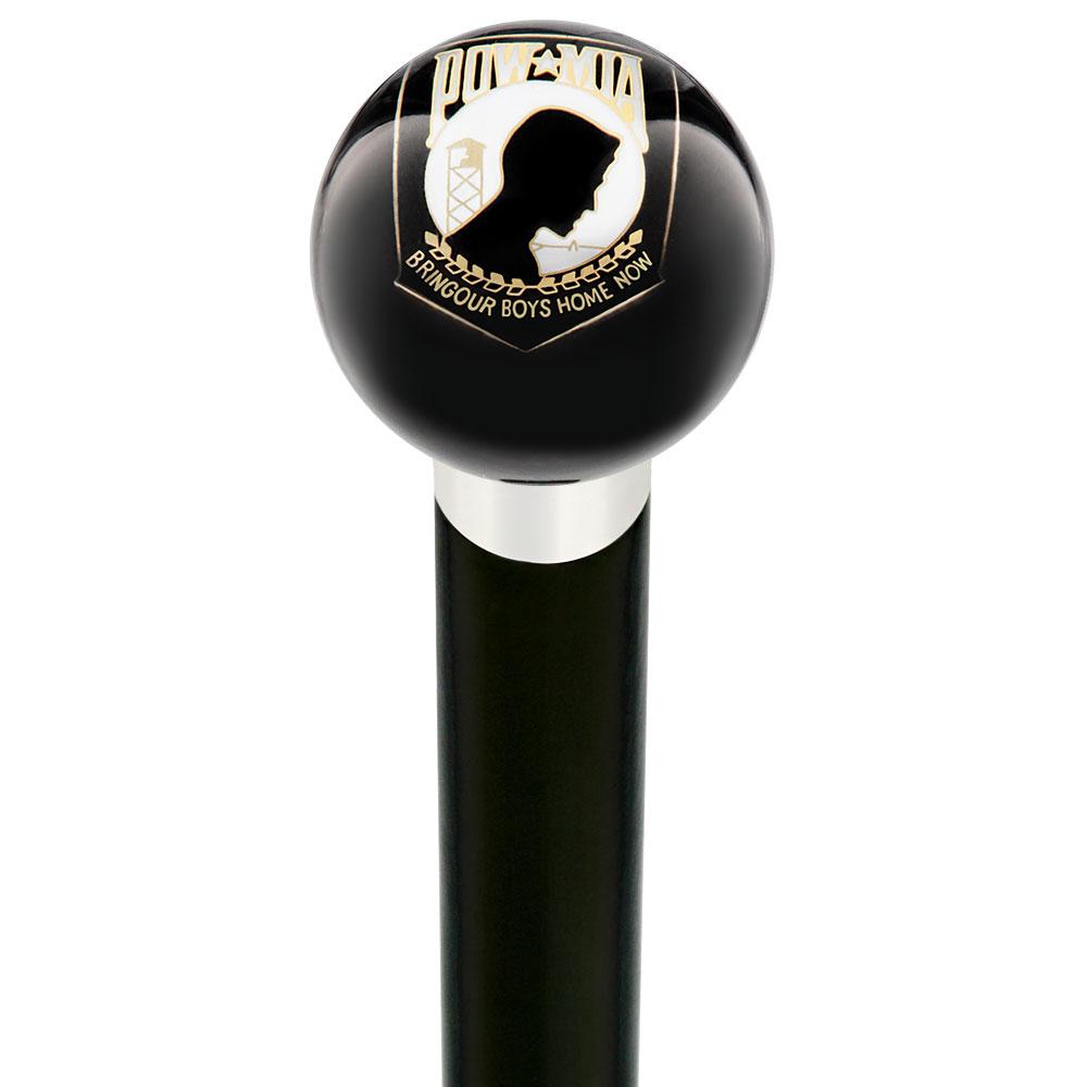 POW-MIA Black Round Knob Cane w/ Custom Wood Shaft & Collar Military Walking Canes - Tophatter Daily Deals