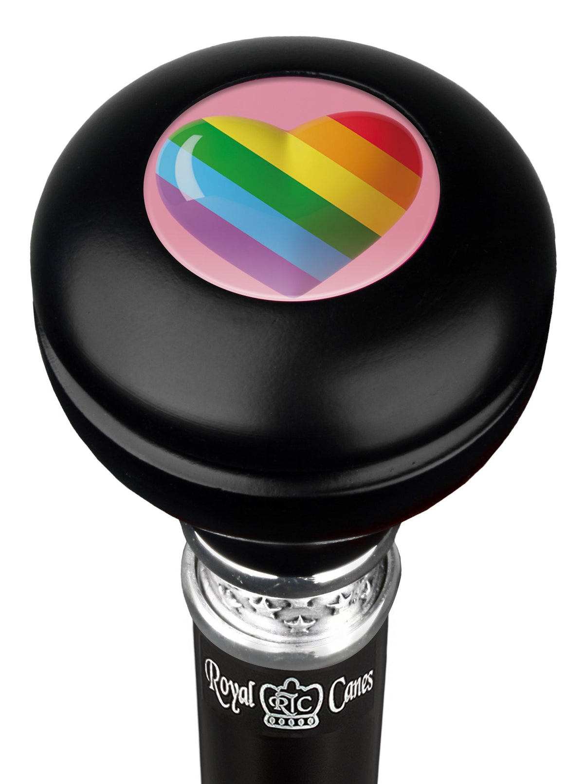 Rainbow Pride Heart Round Knob Walking Stick w/ Black Beechwood Shaft & Pewter Collar Military Walking Canes - Tophatter Daily Deals