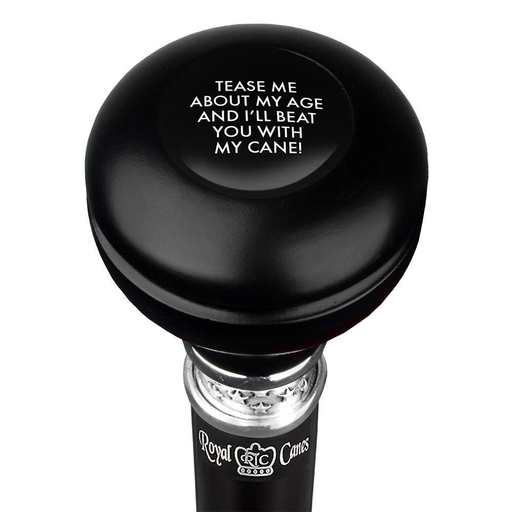 Tease Me About My Cane Knob Walking Stick w/ Black Beechwood Shaft & Pewter Collar Military Walking Canes - Tophatter Daily Deals