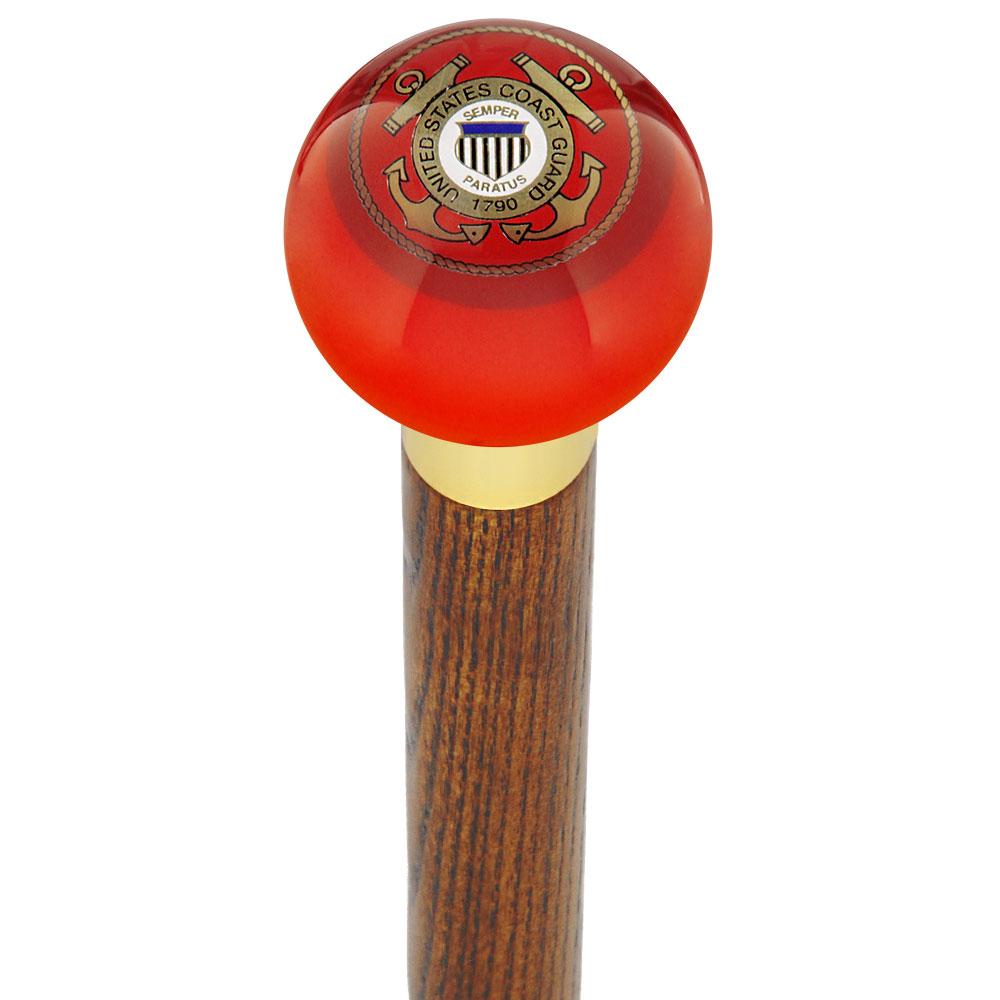 U.S. Coast Guard Red Round Knob Cane w/ Custom Wood Shaft & Collar Military Walking Canes - Tophatter Daily Deals