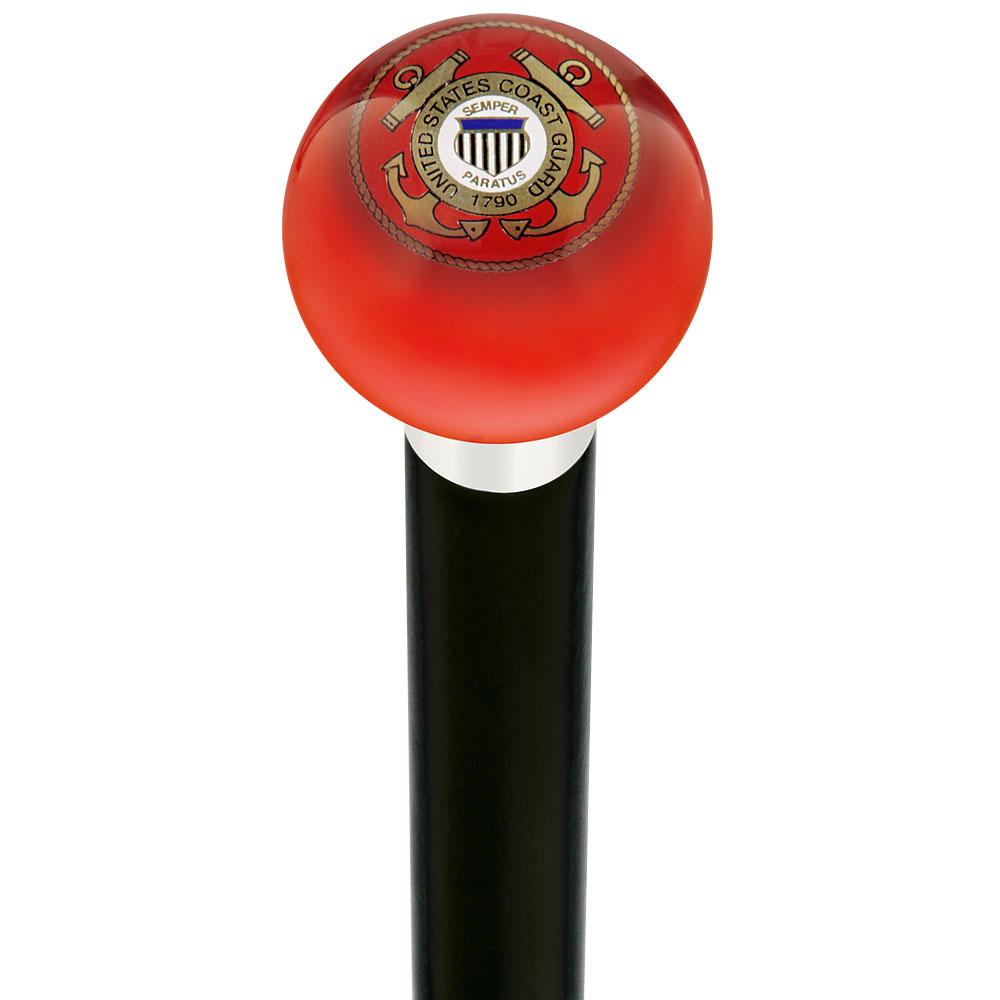 U.S. Coast Guard Red Round Knob Cane w/ Custom Wood Shaft & Collar Military Walking Canes - Tophatter Daily Deals
