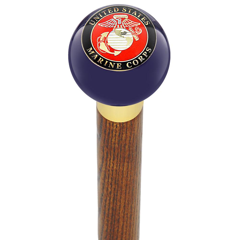 U.S. Marine Corps Dark Blue Round Knob Cane w/ Custom Wood Shaft & Collar Military Walking Canes - Tophatter Daily Deals