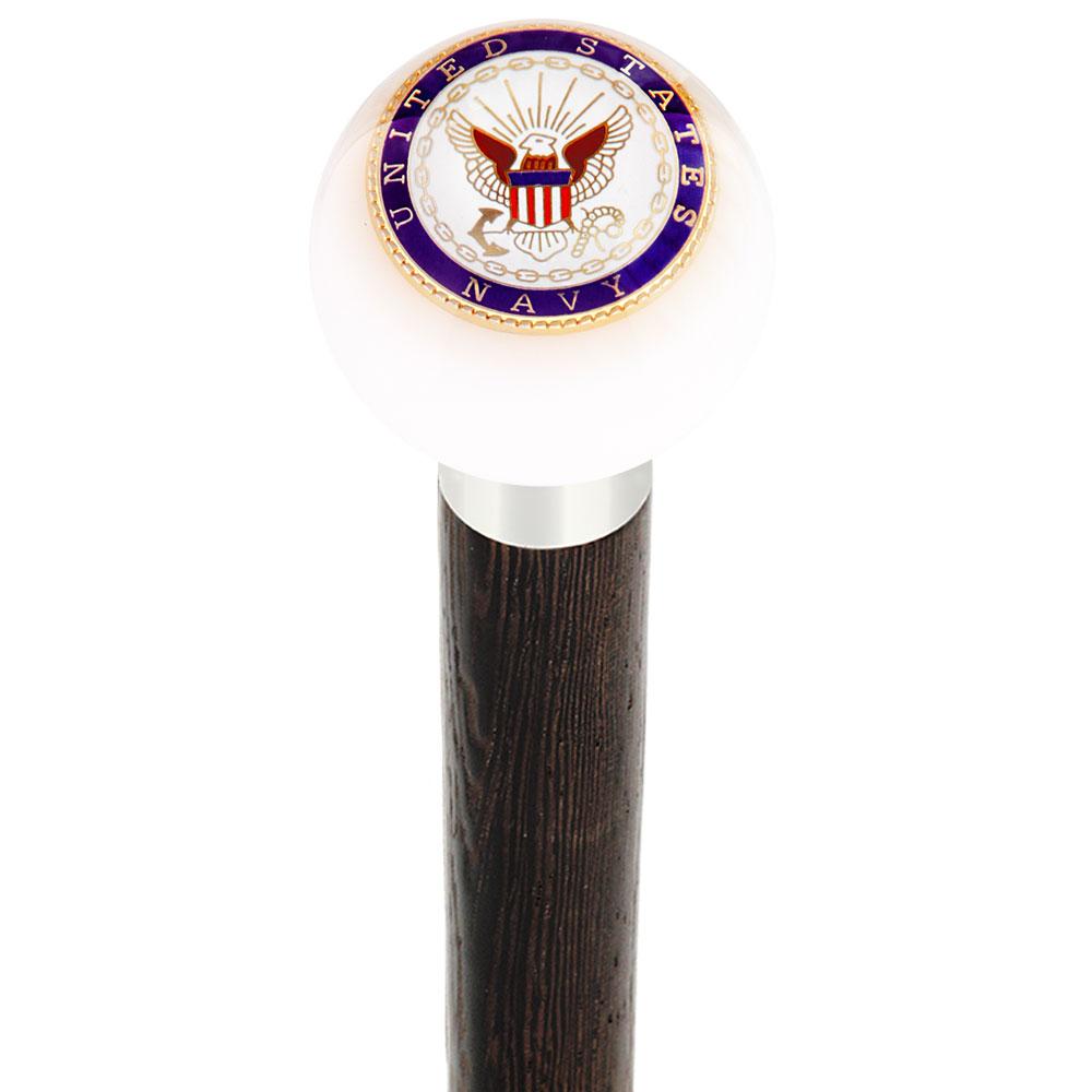 U.S. Navy White Round Knob Cane w/ Custom Wood Shaft & Collar Military Walking Canes - Tophatter Daily Deals