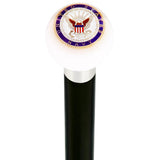 U.S. Navy White Round Knob Cane w/ Custom Wood Shaft & Collar Military Walking Canes - Tophatter Daily Deals