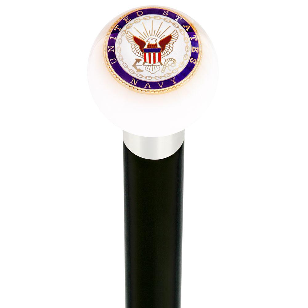 U.S. Navy White Round Knob Cane w/ Custom Wood Shaft & Collar Military Walking Canes - Tophatter Daily Deals
