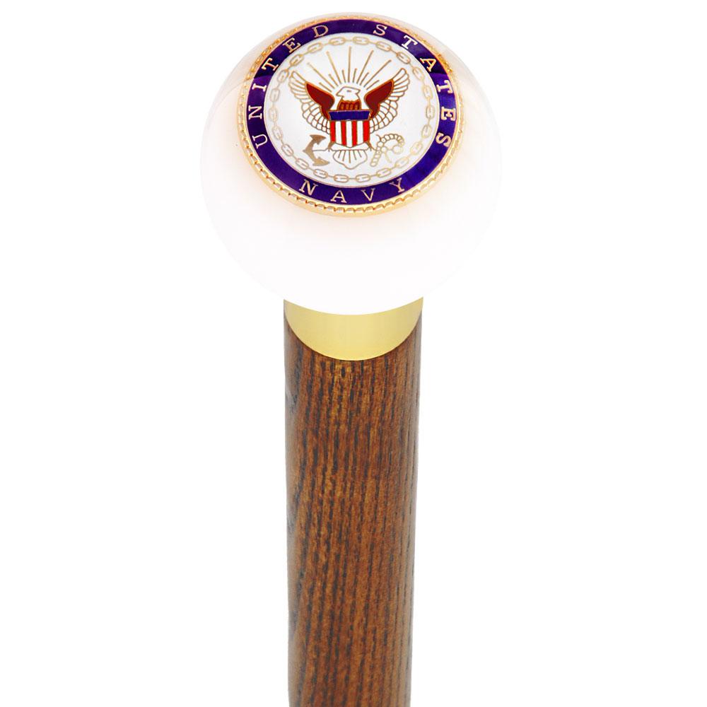 U.S. Navy White Round Knob Cane w/ Custom Wood Shaft & Collar Military Walking Canes - Tophatter Daily Deals