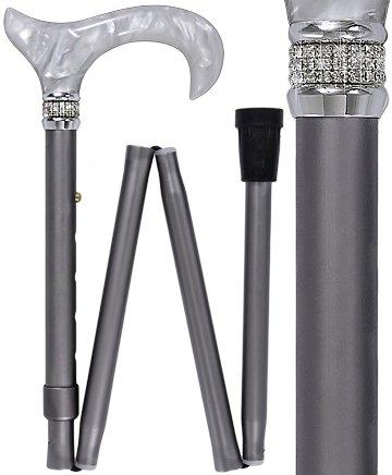 Platinum Pearlz w/Rhinestone collar and Silver shaft Designer Adjustable Orthopedic Folding Cane Pearl Swirl Lucite Designer Walking Canes - Tophatter Daily Deals