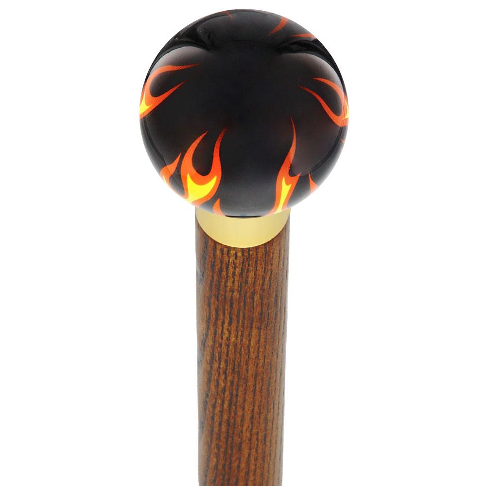 Burst of Flames Black Round Knob Cane w/ Custom Color Ash Shaft & Collar Skull Walking Canes Dragon Walking Canes - Tophatter Daily Deals