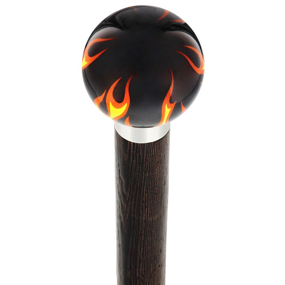 Burst of Flames Black Round Knob Cane w/ Custom Wood Shaft & Collar Skull Walking Canes Dragon Walking Canes - Tophatter Daily Deals