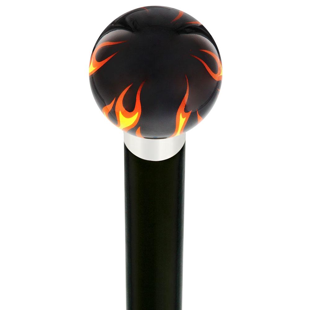 Burst of Flames Black Round Knob Cane w/ Custom Wood Shaft & Collar Skull Walking Canes Dragon Walking Canes - Tophatter Daily Deals