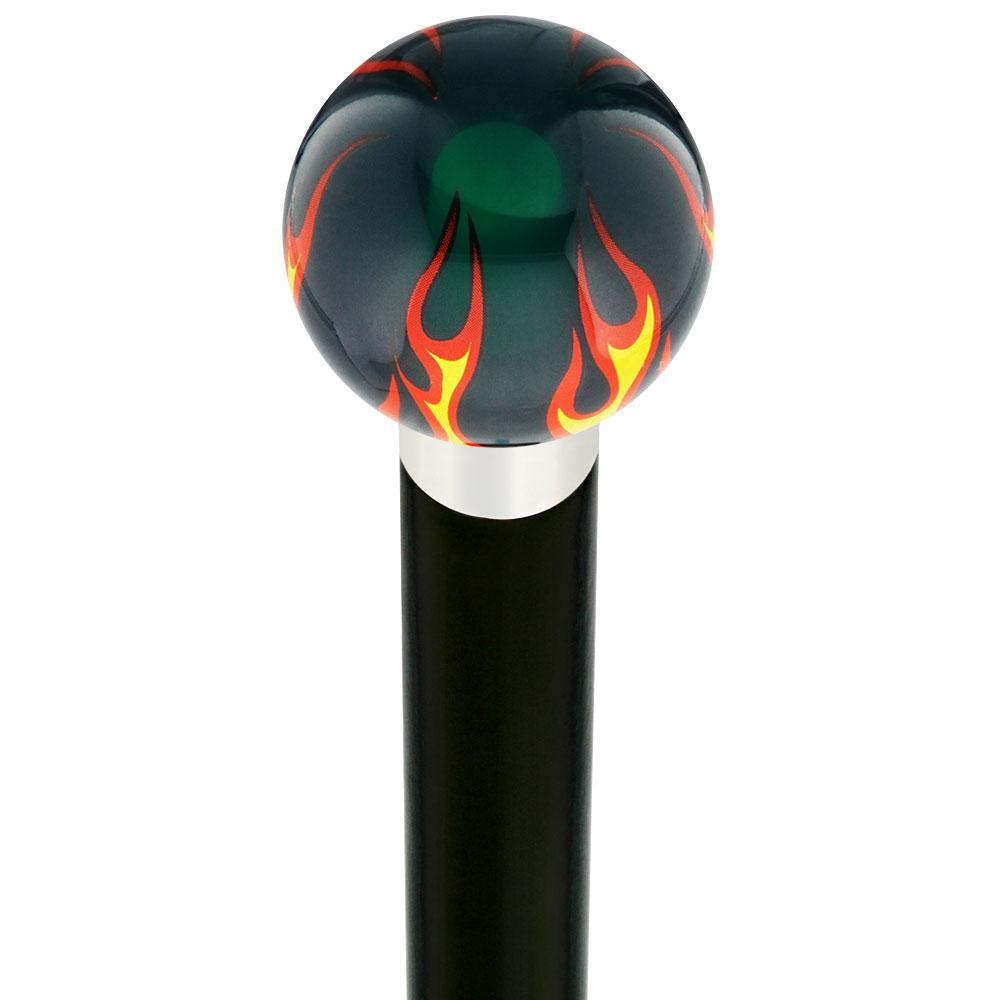 Burst of Flames Green Transparent Round Knob Cane w/ Custom Wood Shaft & Collar Skull Walking Canes Dragon Walking Canes - Tophatter Daily Deals