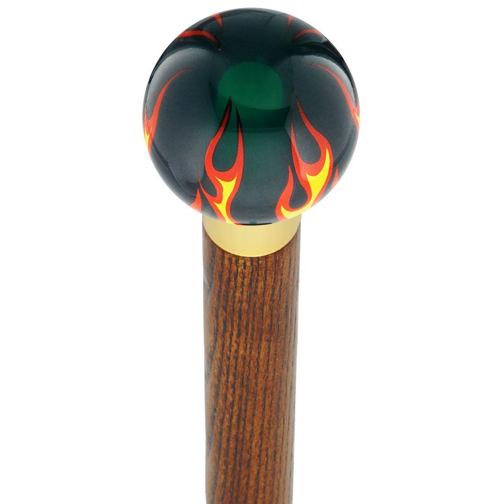 Burst of Flames Green Transparent Round Knob Cane w/ Custom Wood Shaft & Collar Skull Walking Canes Dragon Walking Canes - Tophatter Daily Deals