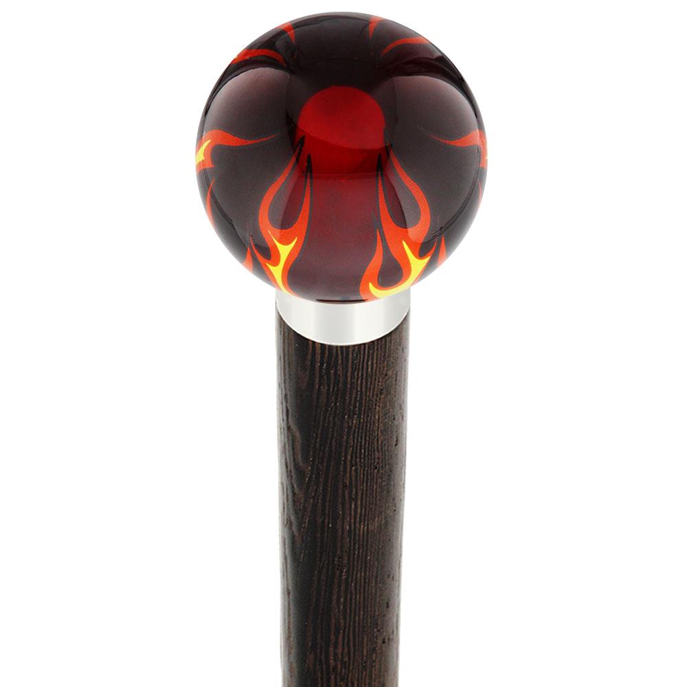 Burst of Flames Red Transparent Round Knob Cane w/ Custom Wood Shaft & Collar Skull Walking Canes Dragon Walking Canes - Tophatter Daily Deals