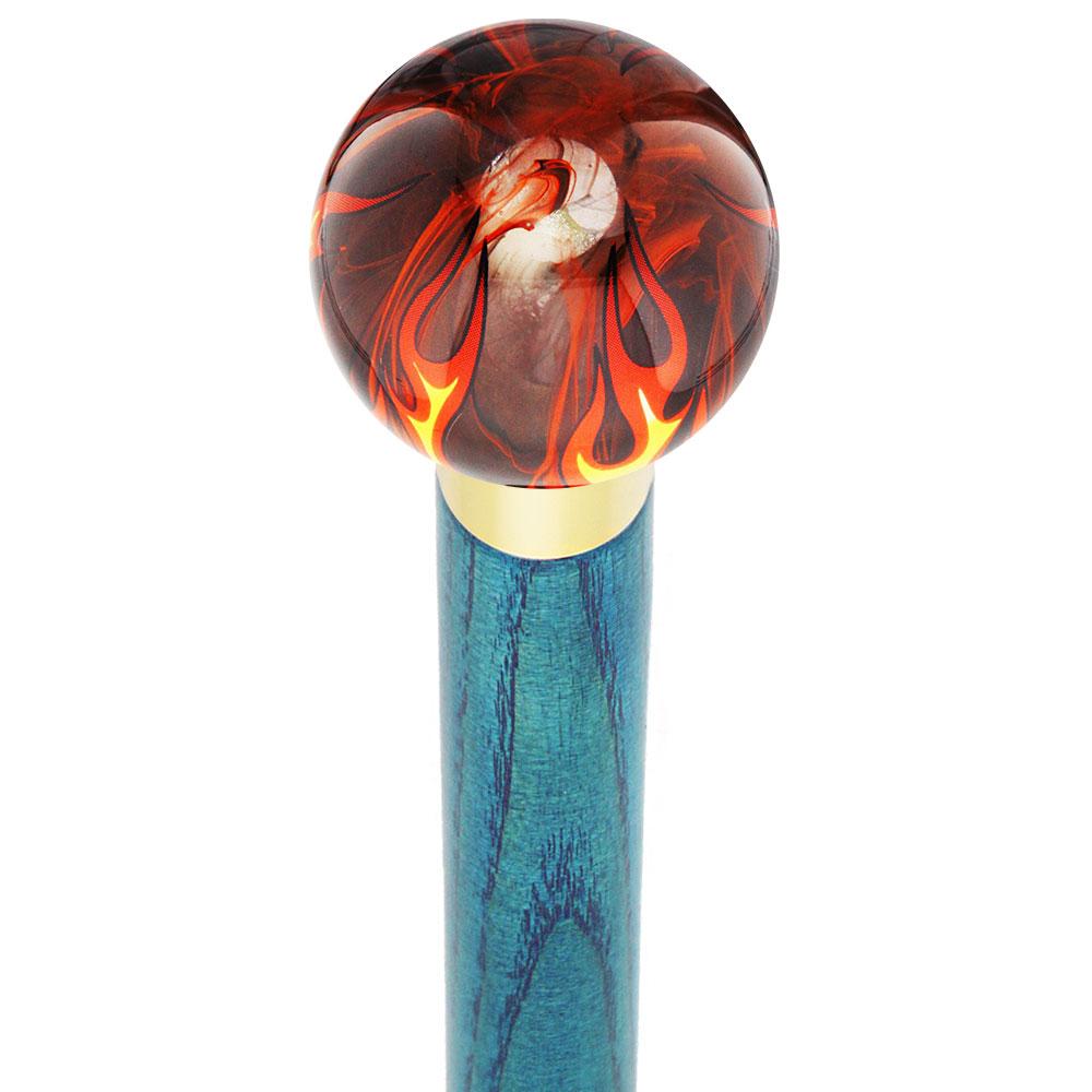 Burst of Flames Smokey Orange Round Knob Cane w/ Custom Color Ash Shaft & Collar Skull Walking Canes Dragon Walking Canes - Tophatter Daily Deals