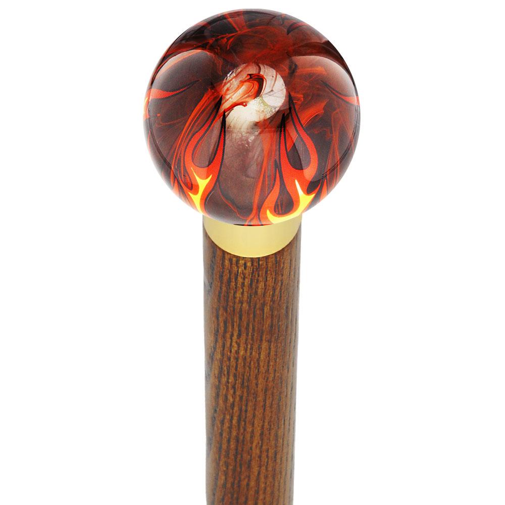 Burst of Flames Smokey Orange Round Knob Cane w/ Custom Wood Shaft & Collar Skull Walking Canes Dragon Walking Canes - Tophatter Daily Deals