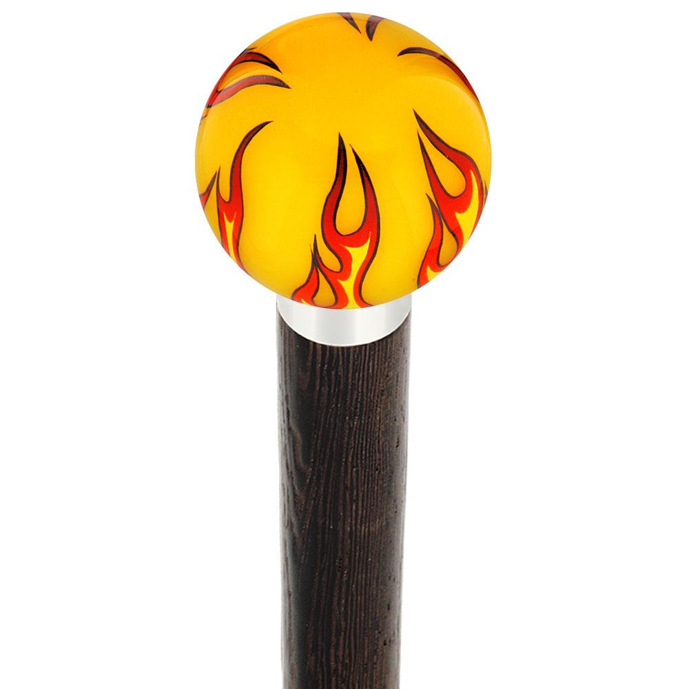 Burst of Flames Yellow Round Knob Cane w/ Custom Wood Shaft & Collar Skull Walking Canes Dragon Walking Canes - Tophatter Daily Deals