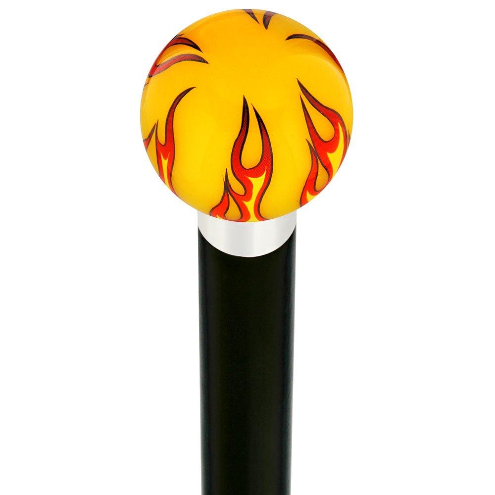 Burst of Flames Yellow Round Knob Cane w/ Custom Wood Shaft & Collar Skull Walking Canes Dragon Walking Canes - Tophatter Daily Deals