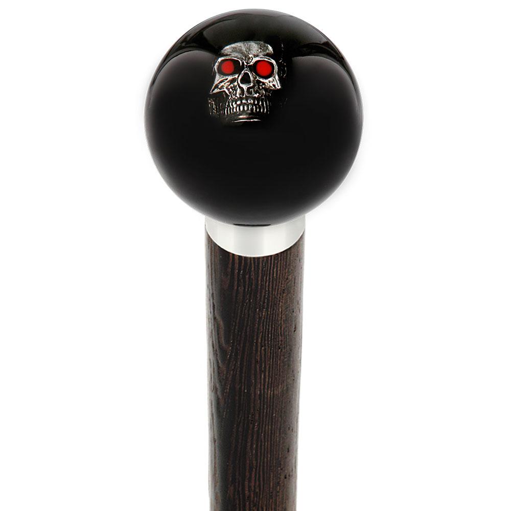 Dreary Red Eyed Skull Black Round Knob Cane w/ Custom Wood Shaft & Collar Skull Walking Canes Dragon Walking Canes - Tophatter Daily Deals