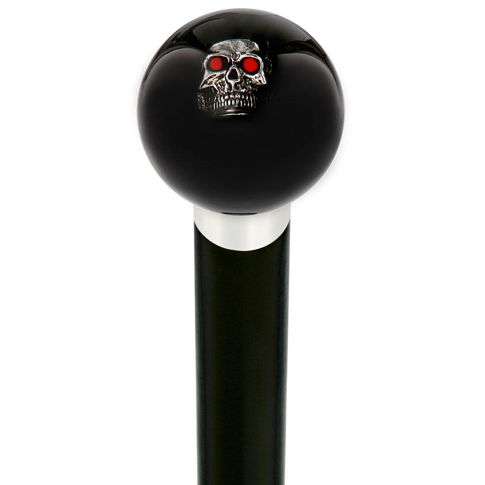 Dreary Red Eyed Skull Black Round Knob Cane w/ Custom Wood Shaft & Collar Skull Walking Canes Dragon Walking Canes - Tophatter Daily Deals