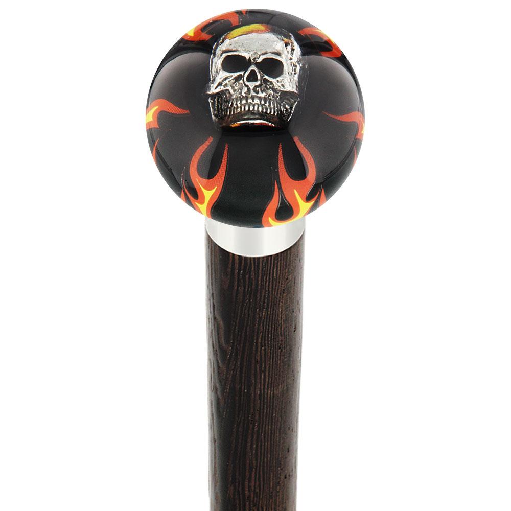 Fire & Brimstone Skull Black Round Knob Cane w/ Custom Wood Shaft & Collar Skull Walking Canes Dragon Walking Canes - Tophatter Daily Deals
