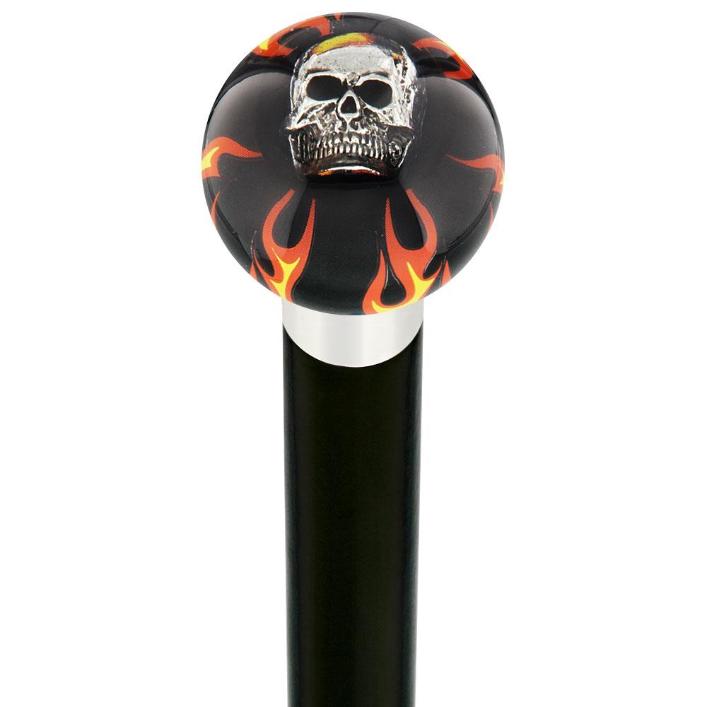 Fire & Brimstone Skull Black Round Knob Cane w/ Custom Wood Shaft & Collar Skull Walking Canes Dragon Walking Canes - Tophatter Daily Deals