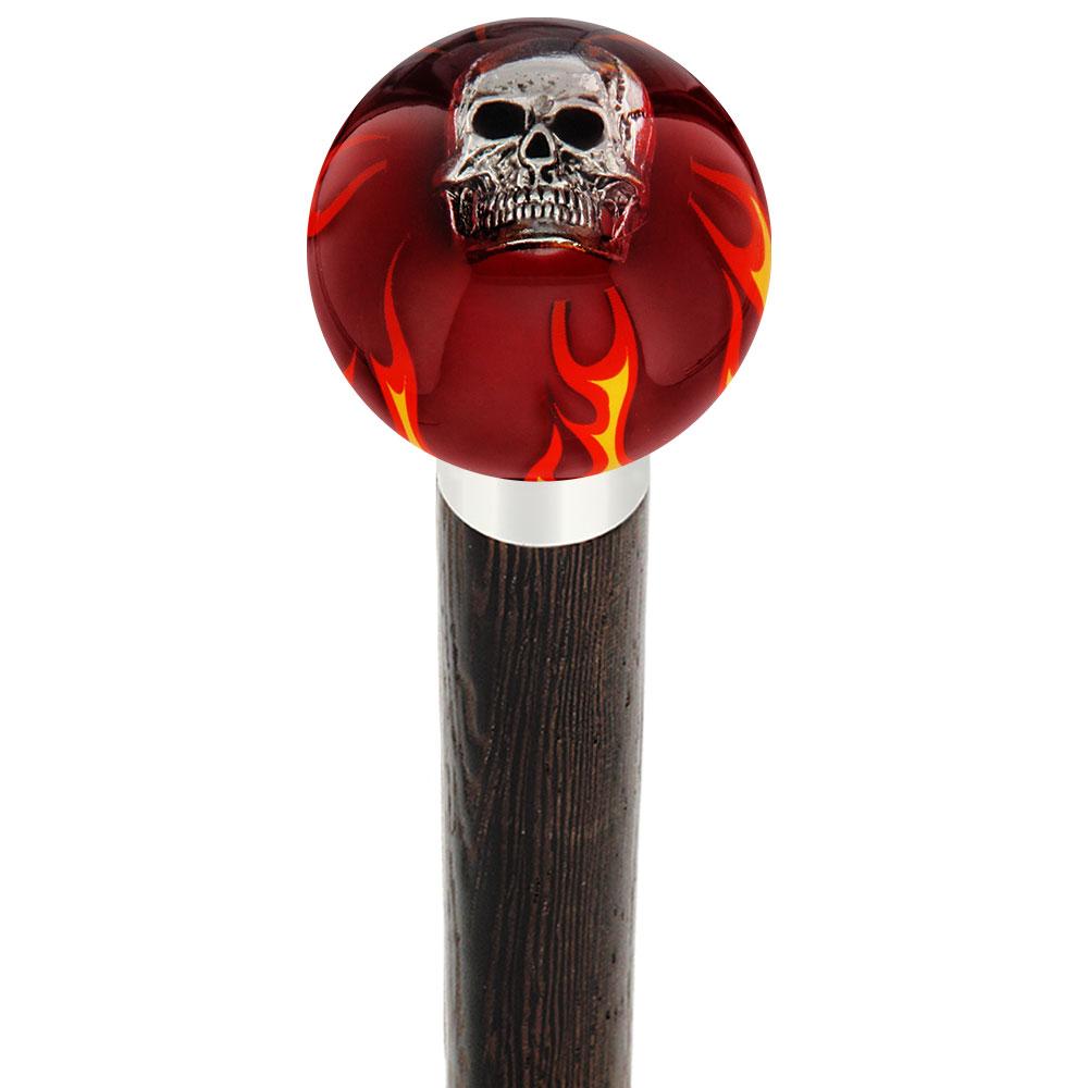 Fire & Brimstone Skull Red Round Knob Cane w/ Custom Wood Shaft & Collar Skull Walking Canes Dragon Walking Canes - Tophatter Daily Deals