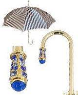Gold Plated Tourist Handle Blue and Cream Striped Umbrella Cane Umbrella Walking Canes - Tophatter Daily Deals