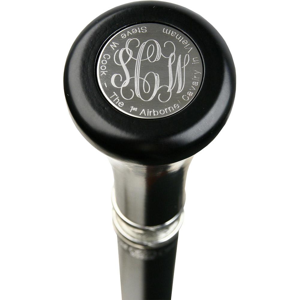 Personalized Stainless Steel Flat-Top Knob Cane: Black Wooden Shaft Walking Cane Engraving - Tophatter Daily Deals