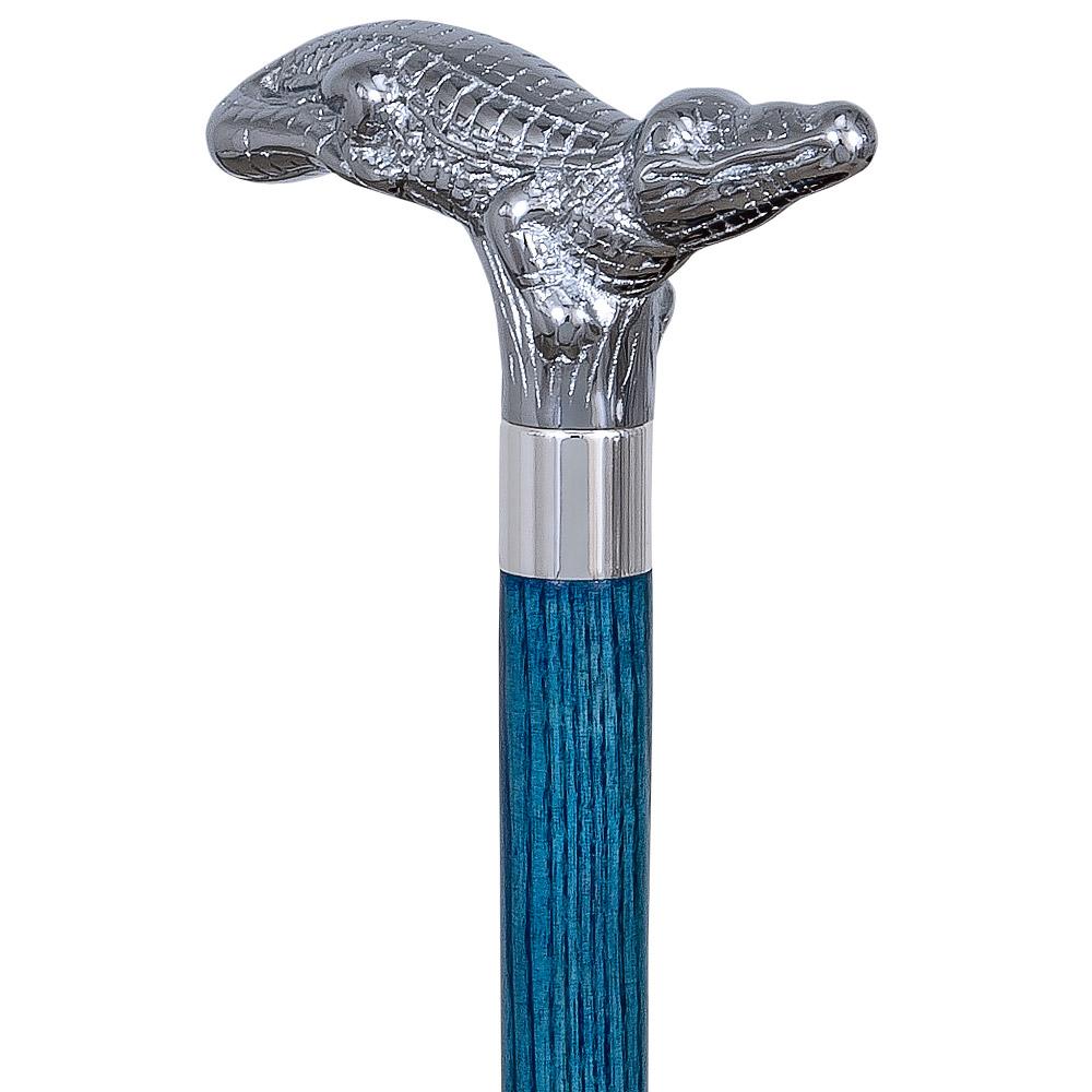 Chrome Plated Alligator Handle Walking Cane w/ Custom Color Stained Ash Shaft & Collar Wild Game Walking Canes - Tophatter Daily Deals