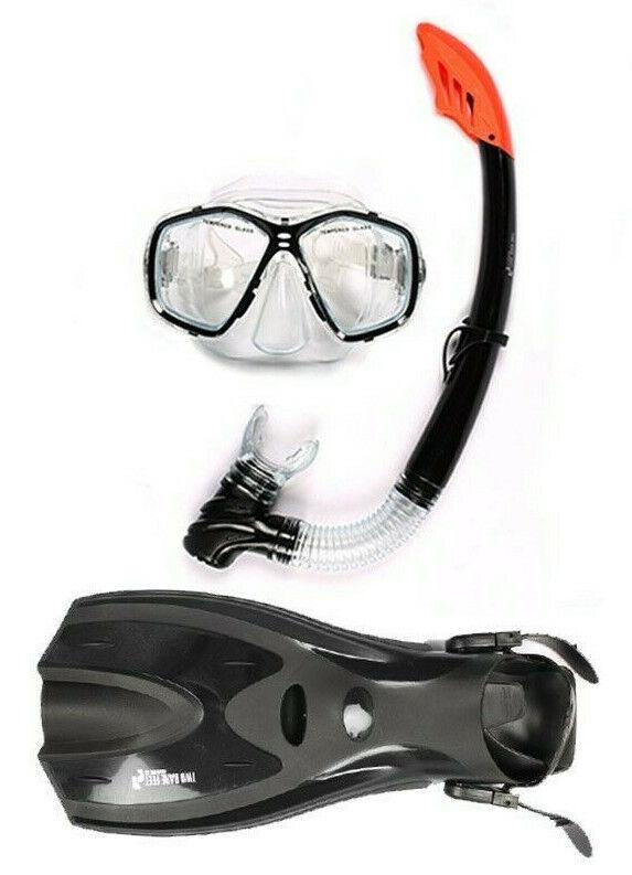 Adult Snorkel Set - Full 3pc Snorkelling Set Mask Flippers Fins Snorkel With Carry Bag Black L XL Swimming - Tophatter Daily Deals