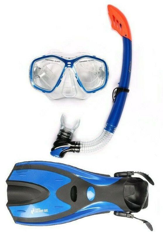 Adult Snorkel Set - Full 3pc Snorkelling Set Mask Flippers Fins Snorkel With Carry Bag Blue Swimming - Tophatter Daily Deals