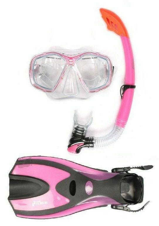 Adult Snorkel Set - Full 3pc Snorkelling Set Mask Flippers Fins Snorkel With Carry Bag Pink S M Swimming - Tophatter Daily Deals