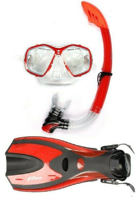 Adult Snorkel Set - Full 3pc Snorkelling Set Mask Flippers Fins Snorkel With Carry Bag Red Swimming - Tophatter Daily Deals