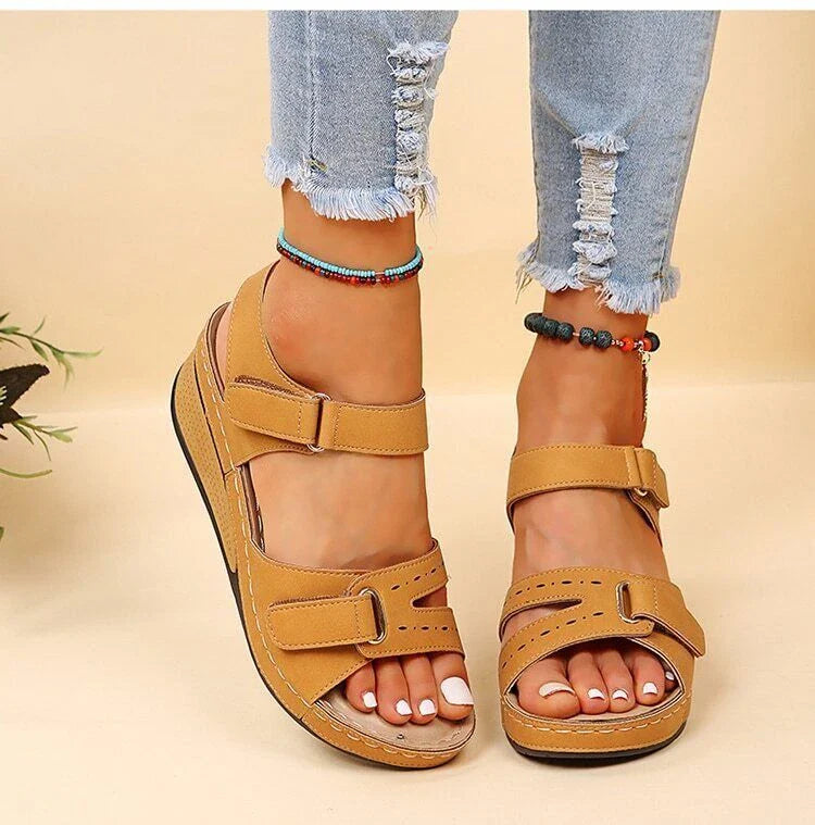Supportive Orthopedic Sandals for Women – Gel Cushion, Adjustable Fit – Black Beige Orthopedic Sandals - Tophatter Daily Deals