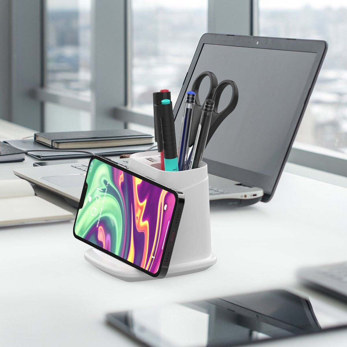 Wireless Charging Stand with Dual USB Charger & Desk Organizer Phone Chargers - Tophatter Daily Deals