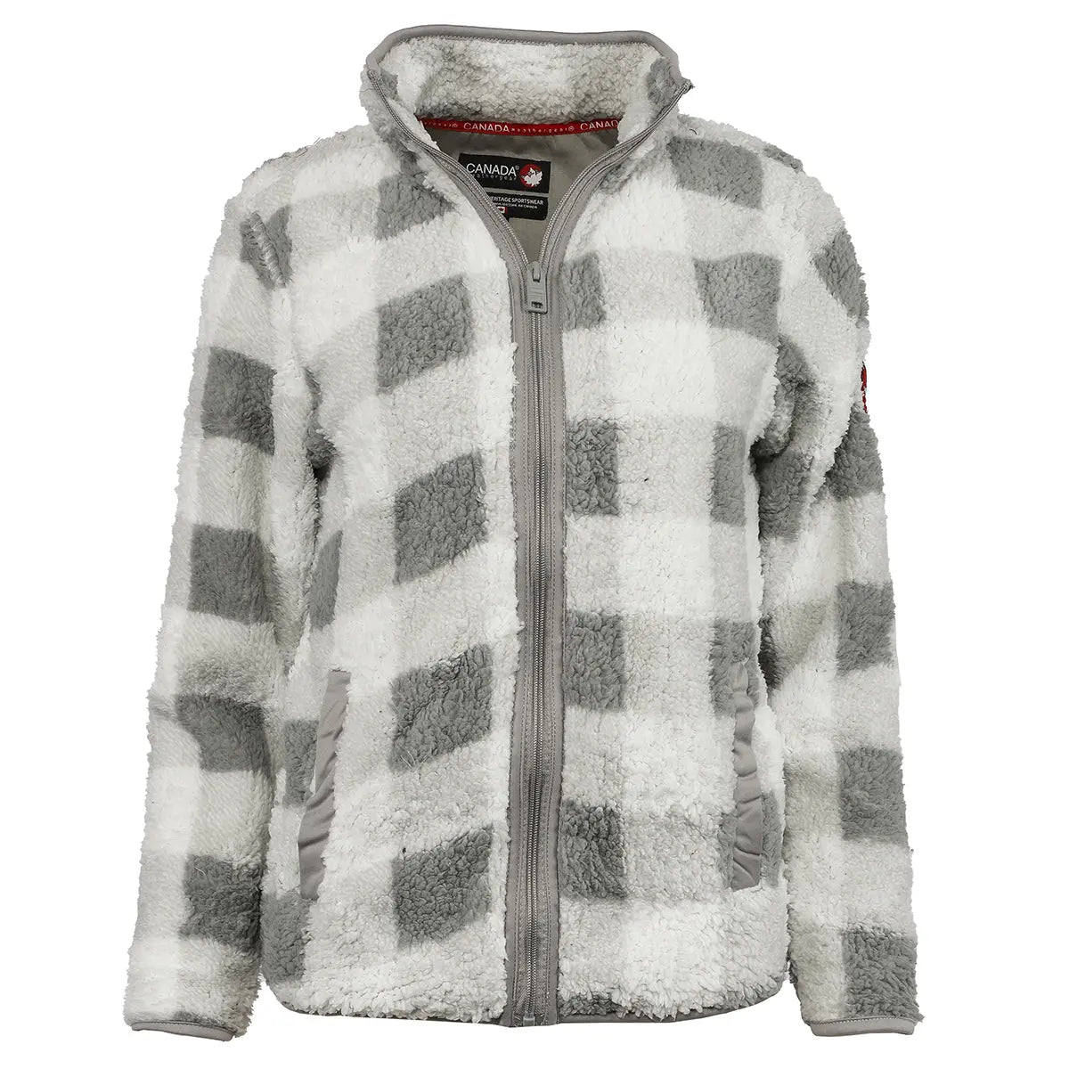 Canada Weather Gear Women's Full Zip Printed Sherpa Jacket Grey White Buffalo Plaid Full Zip - Tophatter Daily Deals