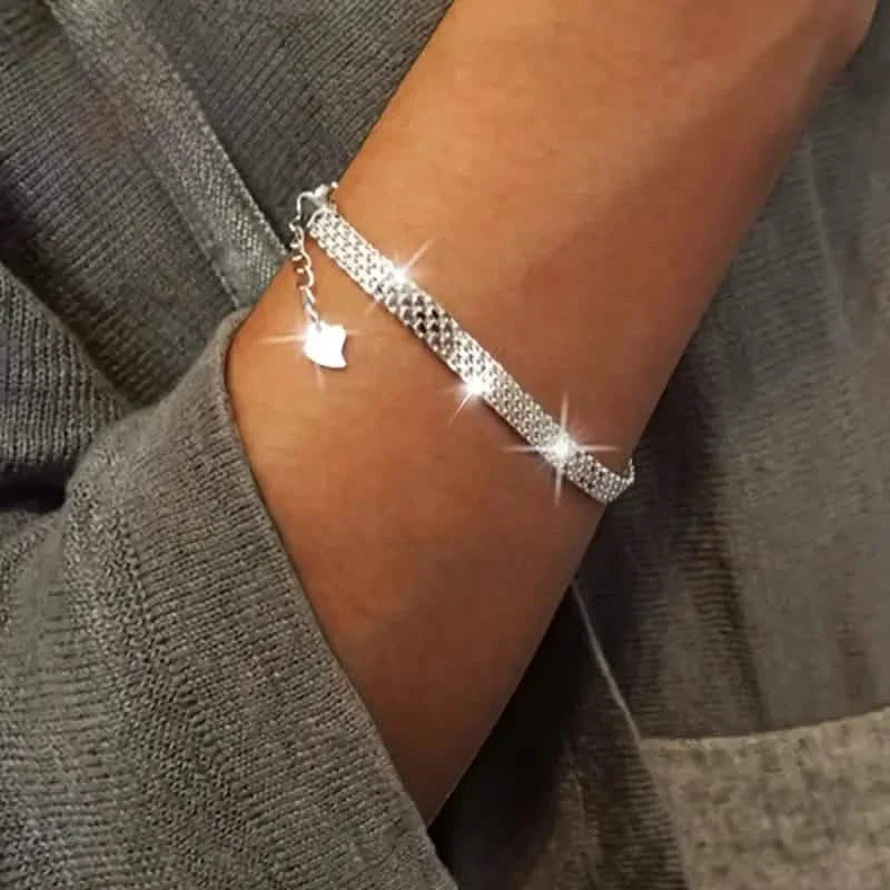 S925 Sterling Silver Chain Bracelet, Sparkling Mesh Embossing Pattern Jewelry Bracelets - Tophatter Daily Deals