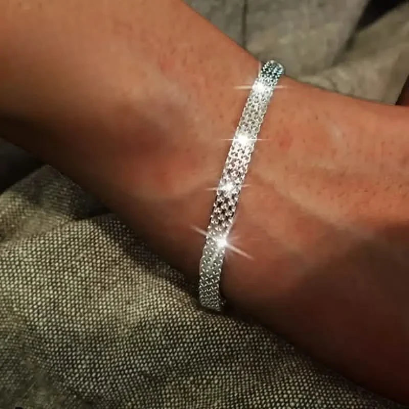 S925 Sterling Silver Chain Bracelet, Sparkling Mesh Embossing Pattern Jewelry Bracelets - Tophatter Daily Deals