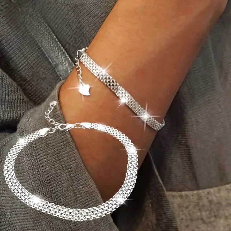S925 Sterling Silver Chain Bracelet, Sparkling Mesh Embossing Pattern Jewelry Bracelets - Tophatter Daily Deals