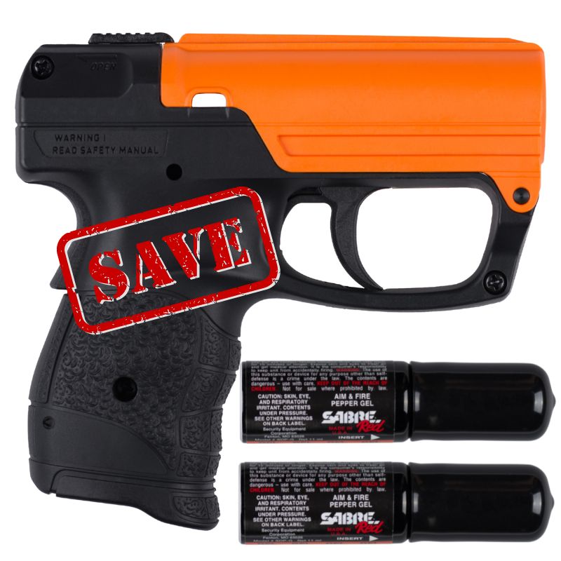 Sabre Aim and Fire Pistol Grip Pepper Gel Gun Save More (2 Live + 1 Inert) Pepper Spray - Tophatter Daily Deals