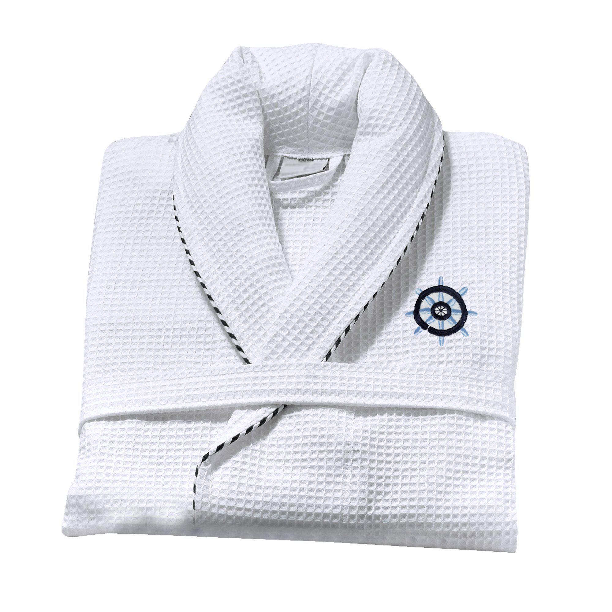 Classic Turkish Cotton Nautical Sailor Waffle Unisex Bathrobes White Robes - Tophatter Daily Deals