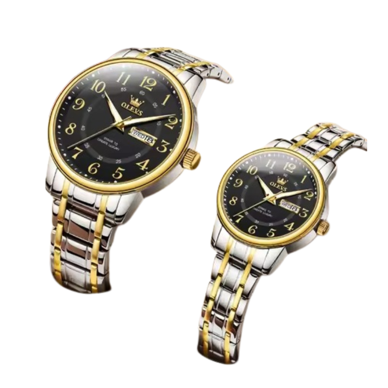 Quartz Couple Watch Stainless Steel Waterproof Pair (Gold Black) Apparel & Accessories > Jewelry > Watches - Tophatter Daily Deals