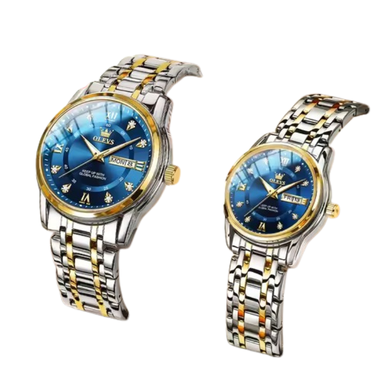 Quartz Couple Watch Stainless Steel Waterproof Pair (Gold Blue) Apparel & Accessories > Jewelry > Watches - Tophatter Daily Deals
