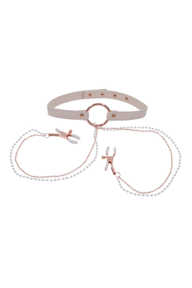 Sex & Mischief - Peaches 'N CreaMe - Collar With Nipple Clamps - Peach/Rose Gold BDSM - Tophatter Daily Deals