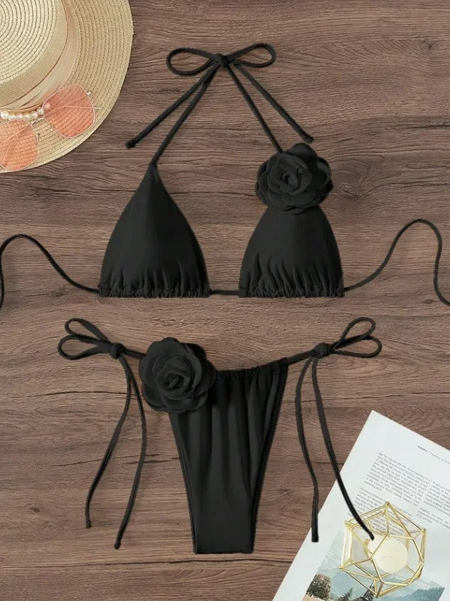 Sexy 3D Floral Halter Bikini For Women Black Swimwear - Tophatter Daily Deals