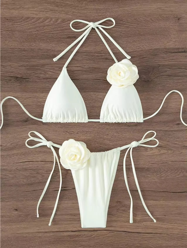 Sexy 3D Floral Halter Bikini For Women White Swimwear - Tophatter Daily Deals