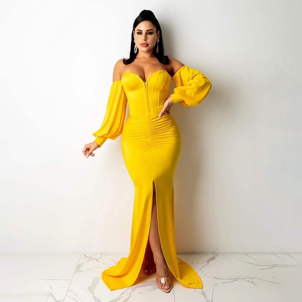 Sexy Off Shoulder Bodycon Party Dress Yellow Women's Dresses - Tophatter Daily Deals