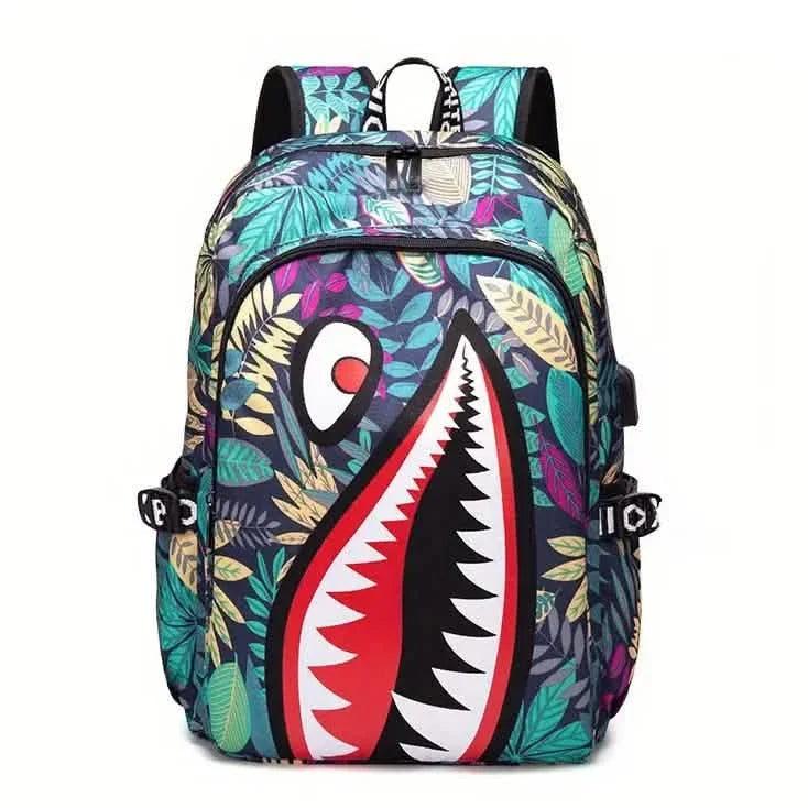 Patterned Shark Nylon Student Backpack Blue Leaf Charging Version Handbags & Wallets - Tophatter Daily Deals